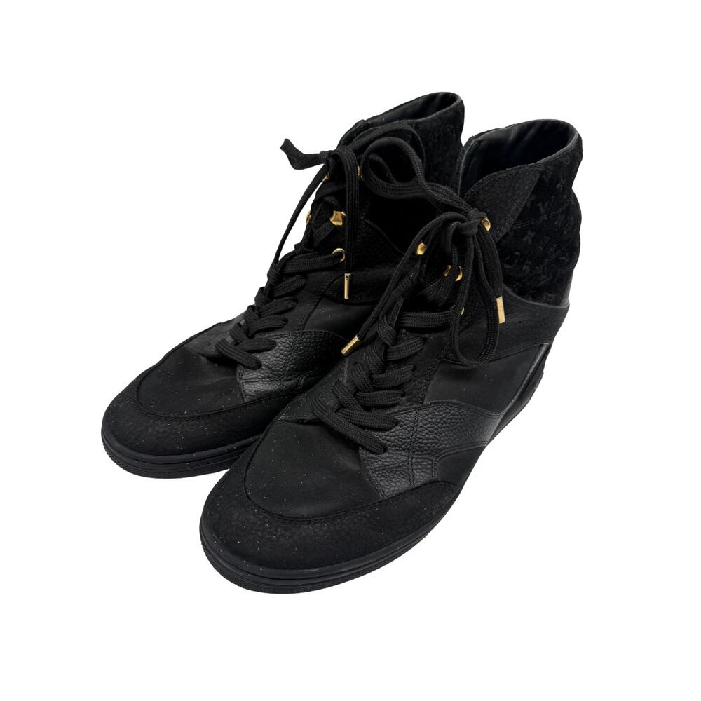 Louis Vuitton Black Leather Suede Monogram Cliff Top Wedge Sneaker Size 40